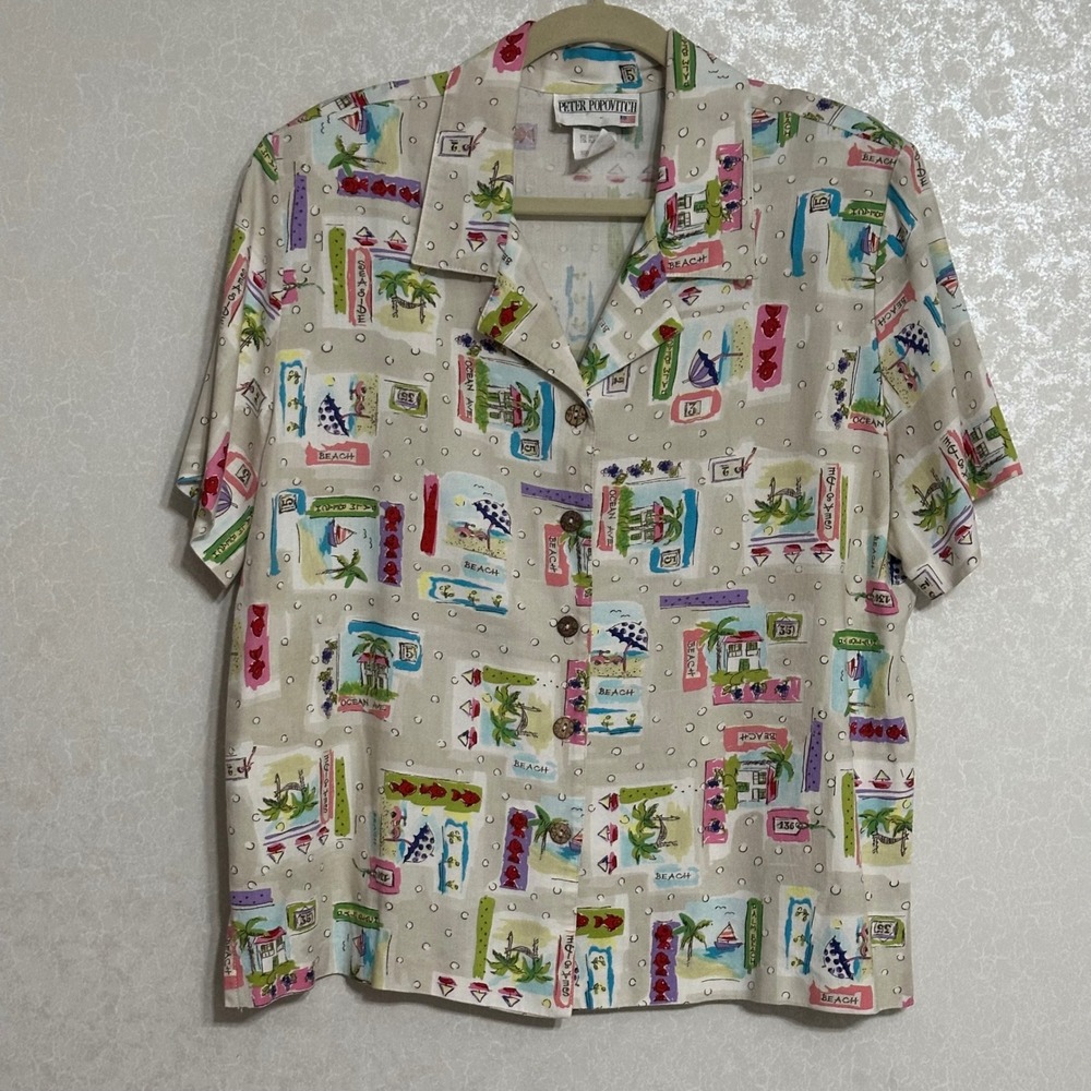 Peter Popovitch Beach Postcard‎ Print Button Up Shirt Rayon Linen Blend VTG XL